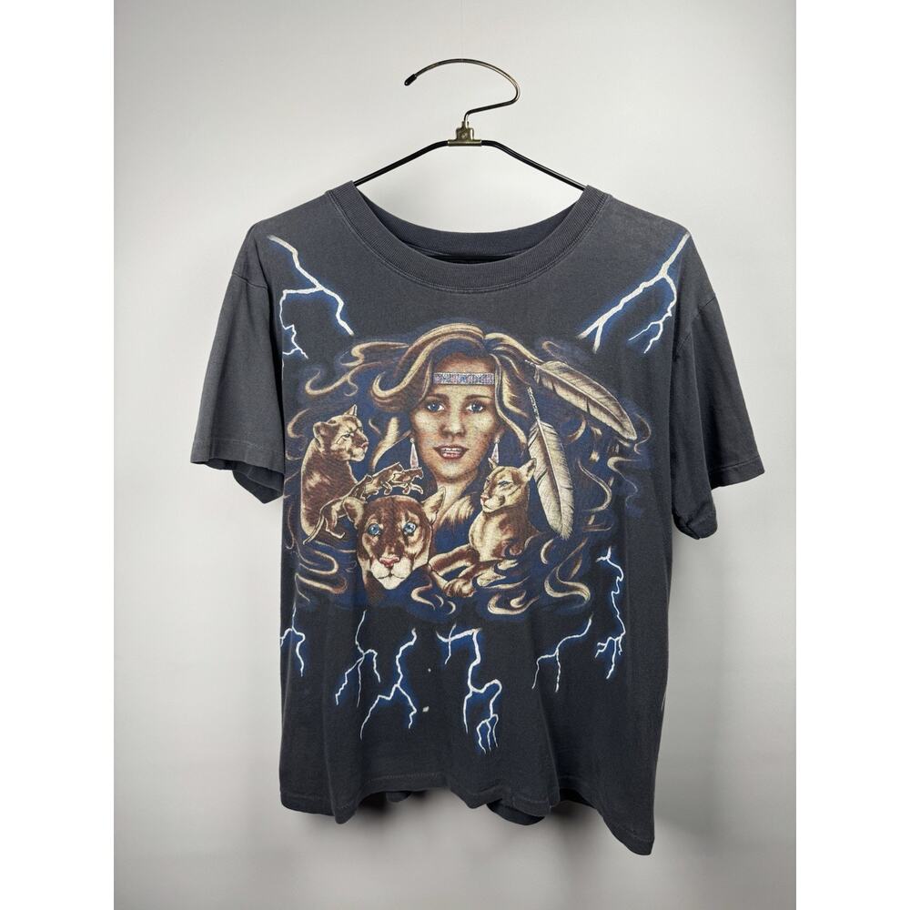 Vintage 90’s USA Thunder Native American Mountain Lion Lightning AOP M 23x27